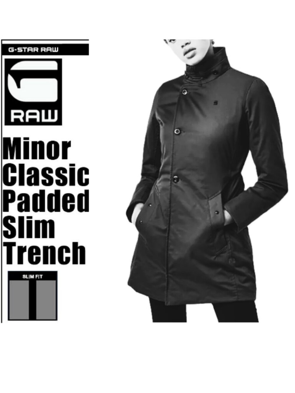 G-Star Raw Women's Size XL Black Minor Classic Padded Slim Coat Trench Utility